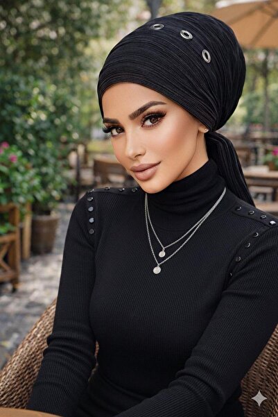 Aişe tesettür Black Pleated Metal Detailed Scarf Hat