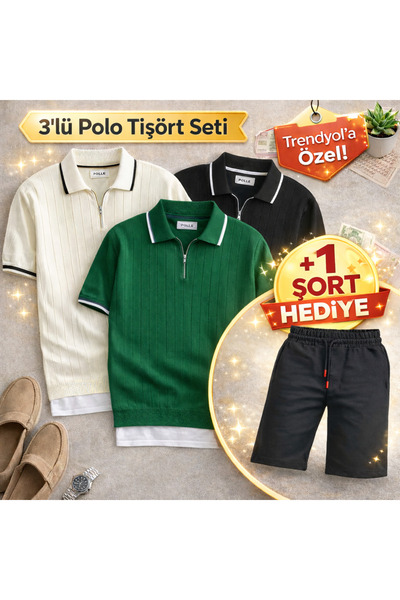 oneoff 3-Piece Men's Polo Collar Knitwear T-Shirt Set + 1 Shorts Gift – Regul...