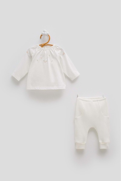 Caramell Only Flowers Flower Embroidered Top and Bottom Set Ecru