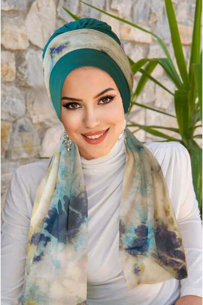 Aişe tesettür Emerald Turquoise Tie-Dye Patterned Scarf and Headscarf