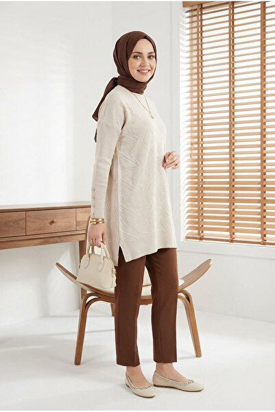 Kirazca Butik Women's Mercerized Geometric Patterned Cuff Button Tunic