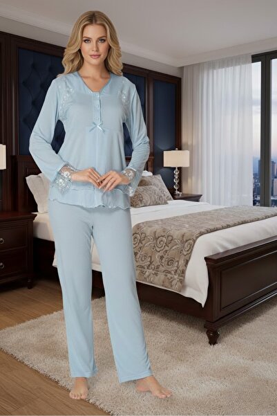 Lohusa Homewear Ženska plava pidžama za trudnice sa dugim rukavima i dugmićim...