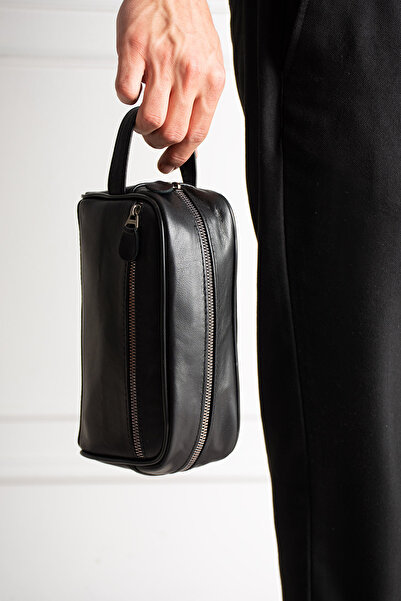 NahitaTyana Black Genuine Leather Men's Shaving Hand Portfolio&Clutch Care Bag