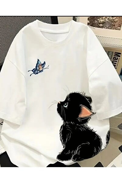 ORVIO Group Cute Cat Printed Casual Daily Design Butterfly Watching T-Shirt S...