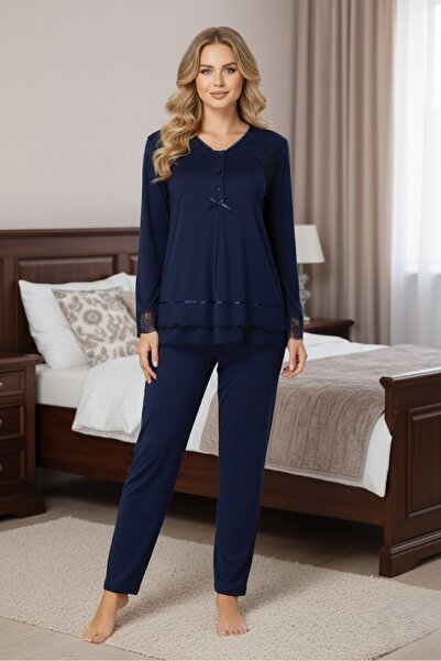Lohusa Homewear Ženska tamnoplava pidžama za trudnice sa dugim rukavima i det...