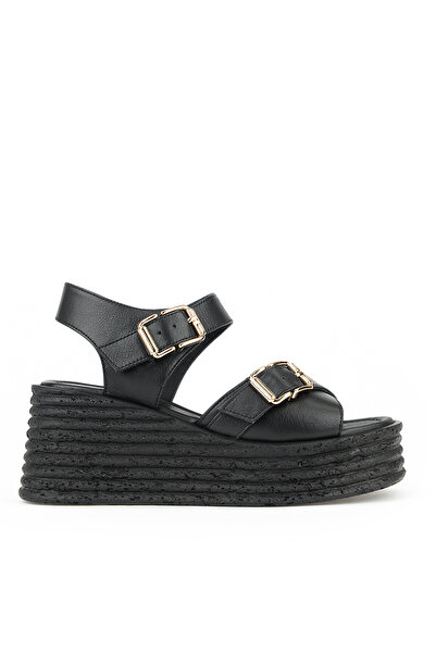 Ziya , Women's Genuine Leather Wedge Heel Sandals 161992Z1005 Black