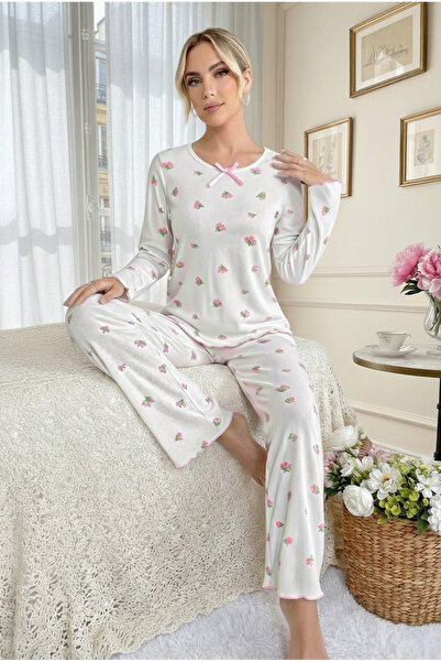 BELLA NOTTE Cotton Bowknot Detailed Pink Long Sleeve Pajama Set