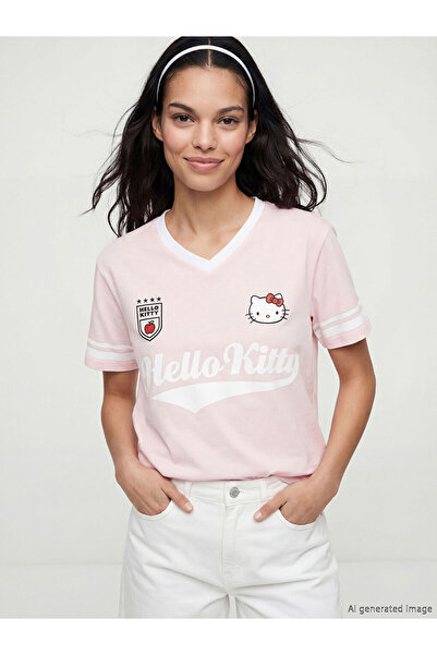 LC Waikiki NOUL SEZON DE LA GÜLİS GİYİM Tricou roz cu decolteu în V Hello Kit...