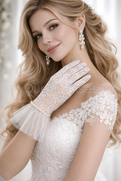 QUEEN AKSESUAR Сватбени ръкавици от дантела и тюл с перли на маншетите Винтид...