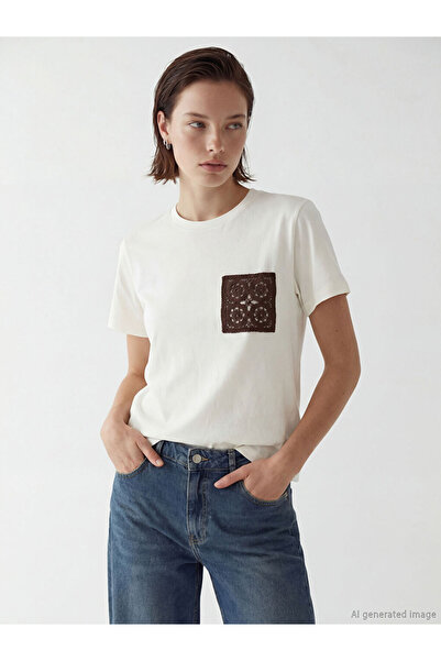 LC Waikiki New season ecru bicycle collar embroidered women's t-shirt from gu...