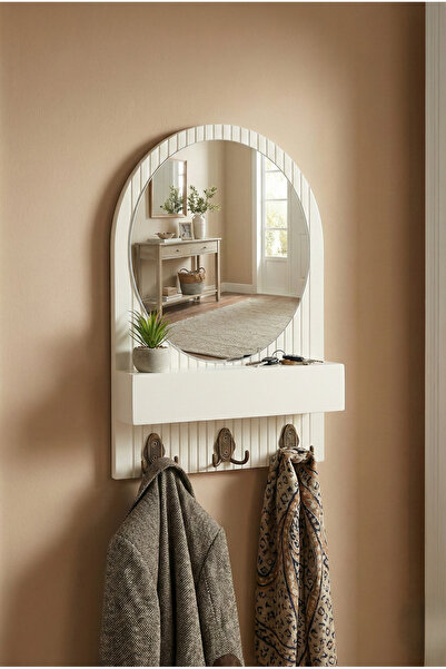 ŞekerHome Dekoratif Aynalı ve Raflı Ahşap Askılık