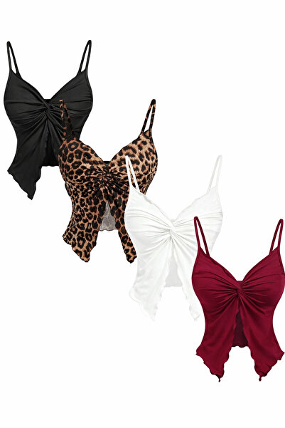 Wild Flower Leopard Print 4-Piece Set with Front Twist Thin Straps Alaçatı Crop