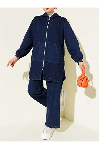 Burcia Hooded Double Pocket Zippered Denim Two-Piece Set