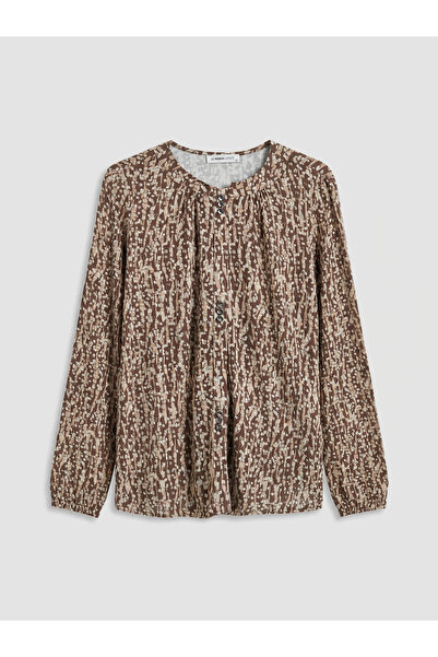 LC Waikiki GÜLİS GİYİM'DEN YENİ SEZON Kahverengi Bisiklet Yaka Desenli Bluz