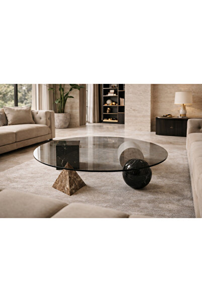 Belle Vie Modern Sanat Formlu Cam Sehpa — Mermer Piramit ve Küre Ayaklı