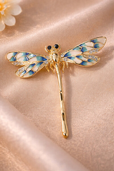 Lanuna Taşlı Yusufçuk Figürlü Gold Renk Broş