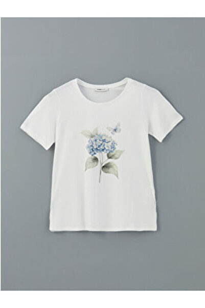 LC Waikiki Modanova Sezon Ecru Crew Neck Floral Combed Cotton Women's T-Shirt