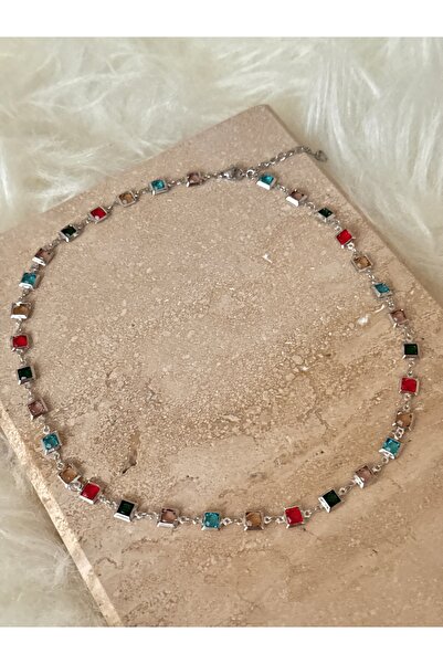 YOUES JEWELRY Çelik Renkli Taşlı Kolye