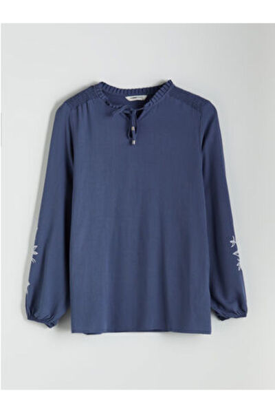 LC Waikiki Modanova Sezon Indigo B Tie-Detail Women's Blouse with Collar Embr...