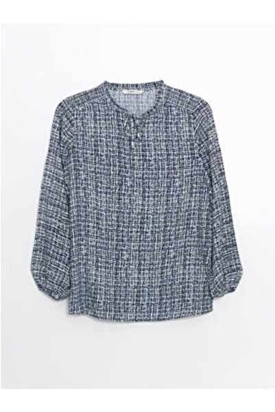 LC Waikiki Modanova Sezon Blue Tie-Detail Collar Patterned Women's Blouse