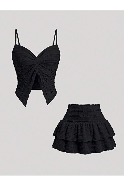 Wild Flower Ruffled Alaçatı Sitili Strap Blouse and Layered Mini Shorts Skirt...