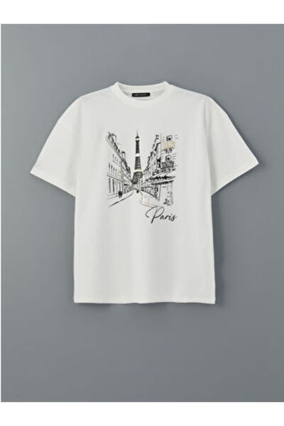 LC Waikiki تي شيرت نسائي من MODANOVA SEZON باللون الأبيض برقبة دائرية باريس م...