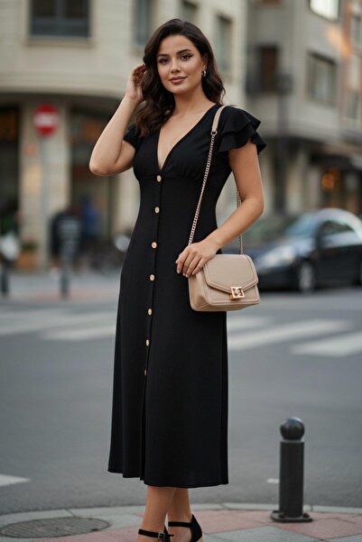 Mossta V-Neck Front Buttoned Wrap Dress - Black