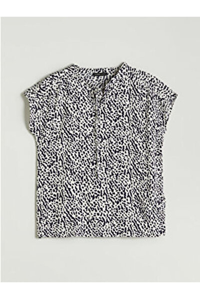 LC Waikiki Modanova Sezon Navy Blue Tie-Detail Collar Patterned Blouse