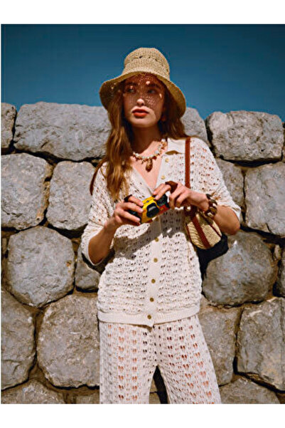 LC Waikiki Beige Polo Neck Openwork Women's Knitwear Cardigan