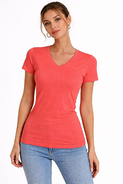 LUMİART Women's T-Shirt V-Neck Slim Fit Lycra T-Shirt Daily Basic Body - Pome...