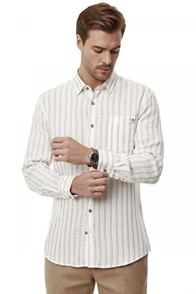 DeepSEA Beige Comfortable Fit Striped Men's Shirt – Pocketed, Wooden Buttoned...