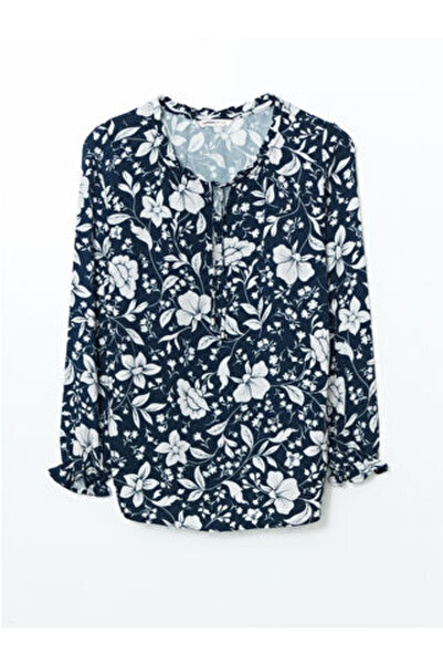 LC Waikiki Modanova Sezon Navy Blue Tie-Detail Collar Floral Women's Blouse