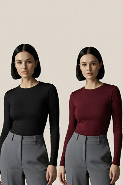 LEYASOFT Kadın Bisiklet Yaka Likralı Uzun Kollu Dalgıç Kumaş Basic Bordo-Siya...