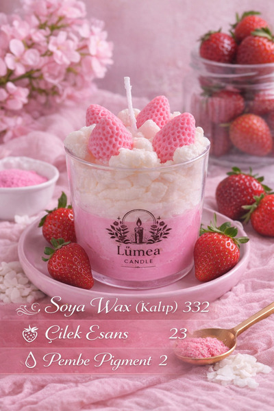 Lúmea Strawberry Dream El Yapımı Çilek Kokulu Soya Mum – Dekoratif Bardak, Romantik Ortam