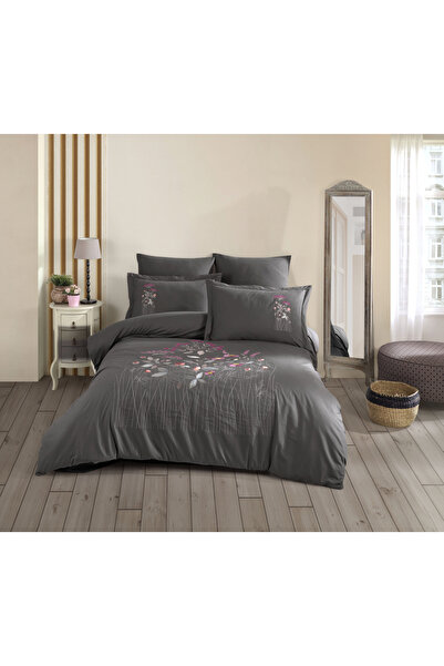 FIONNA.RO 100% Cotton Poplin HOBBY Duvet Cover Set - Grey With Embroidered Fl...