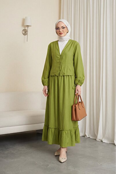 Modamorfo V-Neck Viscose Suit with Sleeves, Lacing, Ball Buttons and Skirt - ...