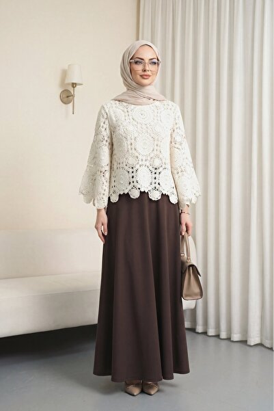 Modamorfo Beli Lastikli Ithal Likralı Krep Kloş Etek -K. Kahve