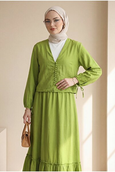 Modamorfo V-Neck Viscose Suit with Sleeves, Lacing, Ball Buttons and Skirt - ...