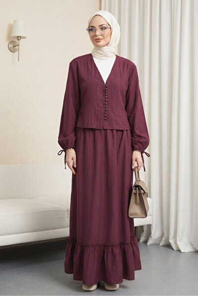 Modamorfo V-Neck Sleeves Lace-Up Top Buttoned Skirt Viscose Suit -Burgundy