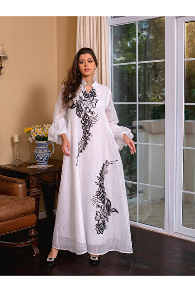 Take Two By Styli Women White Embroidered Organza Jalabiya