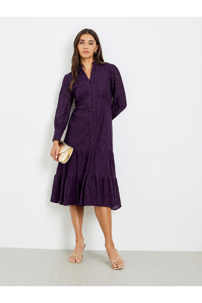Styli Women Purple Lace Long Sleeves Shirt Midi Dress