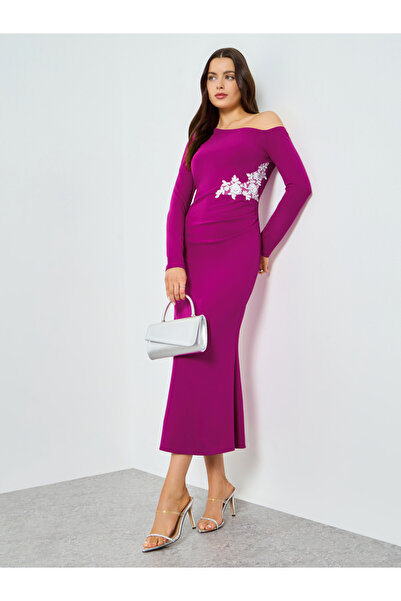 Take Two By Styli Purple One Shoulder Embellished Bodycon Midi Dress