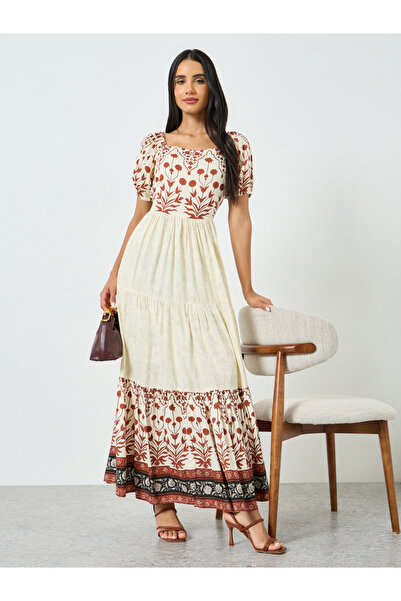 Styli Floral Print Puff Sleeve Tiered Maxi Dress