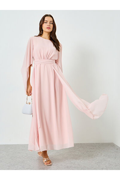 Take Two By Styli Pink Angel Sleeve Belted A-Line Maxi Dress