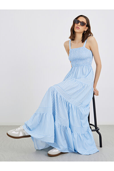 YouYan By Styli Striped Smocking Detail Strappy Tiered Maxi Dress