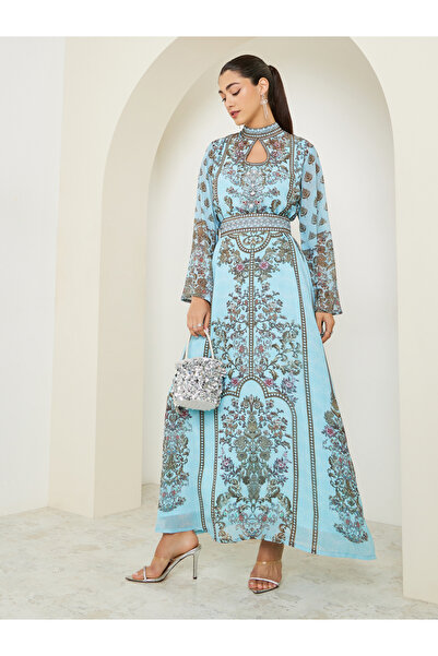 Amirah By Styli Blue Printed Belted A-Line Jalabiya