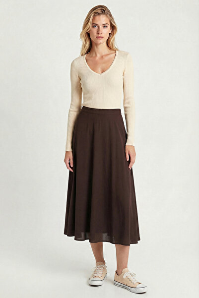 Lovelyİstanbul Yazlık Kloş Midi Dokuma Etek LCR0110 KAHVERENGİ