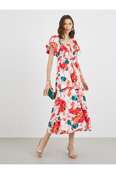YouYan By Styli Puff Sleeves Floral Print Smocking Detail Midi Dress