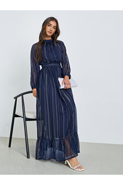 Styli Women Blue Striped Balloon Sleeves A-Line Maxi Dress