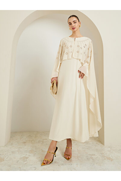 Styli Cream Embellished Cape Sleeve Kaftan Maxi Dress